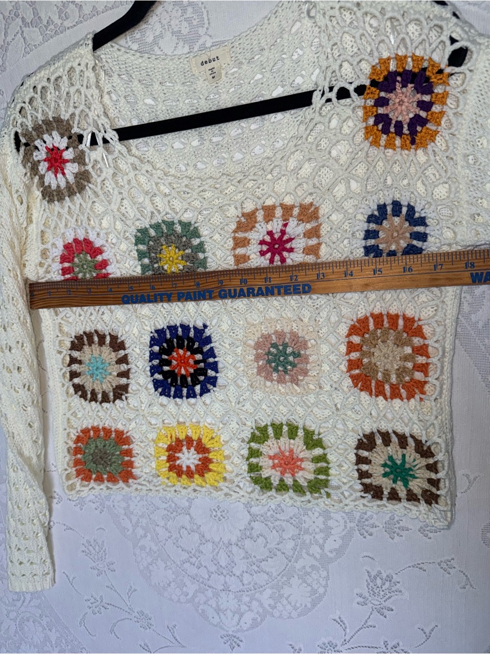 Debut Crochet Granny Square Patchwork Sweater Crop Top Cream Multi Size M - Picture 6 of 10